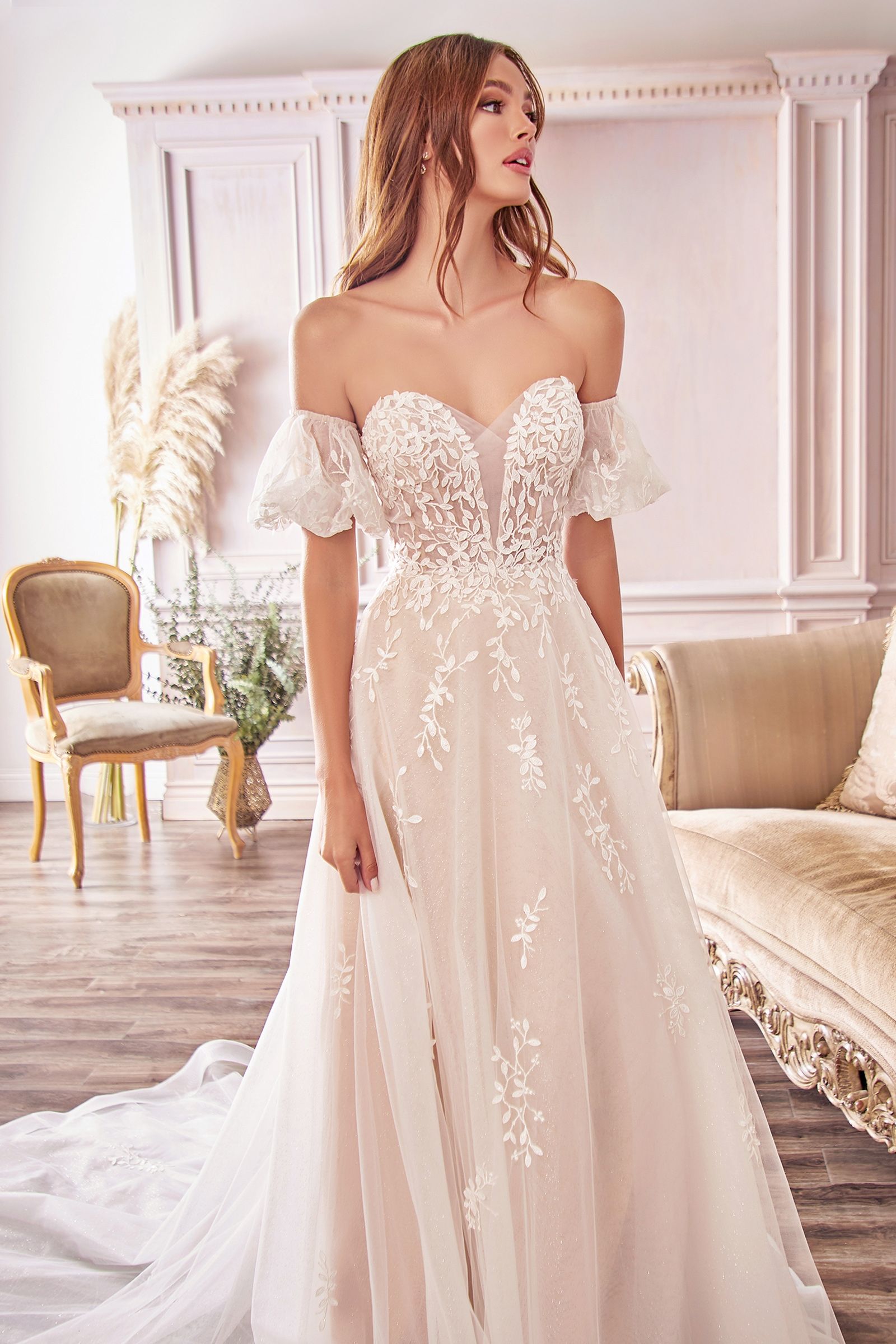 Off-Shoulder Floral Lace Wedding Gown with Puff Sleeves & Tulle Train CDA1014-0